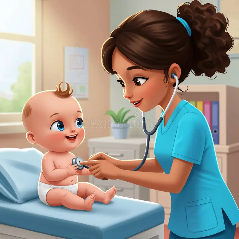 cartoon nurse examining baby stethoscope illustration depicts female blue scrubs happy medical setting lying 393243766